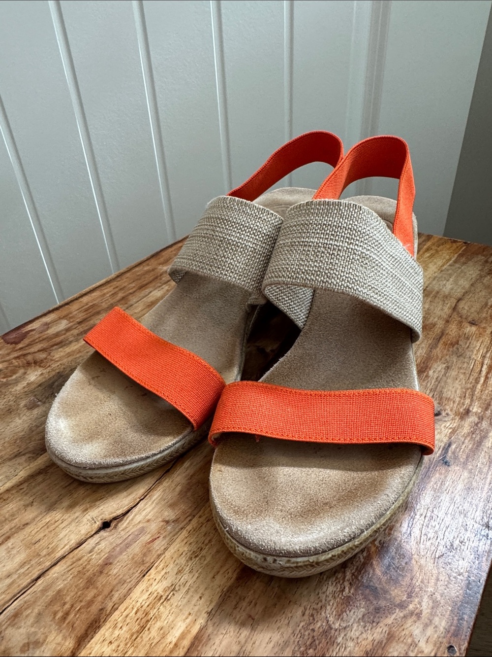 Charleston Shoe Co Women's Orange and Beige Elastic Strap Wedge Sandals 7